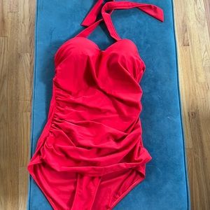 Red halter one piece swimsuit
